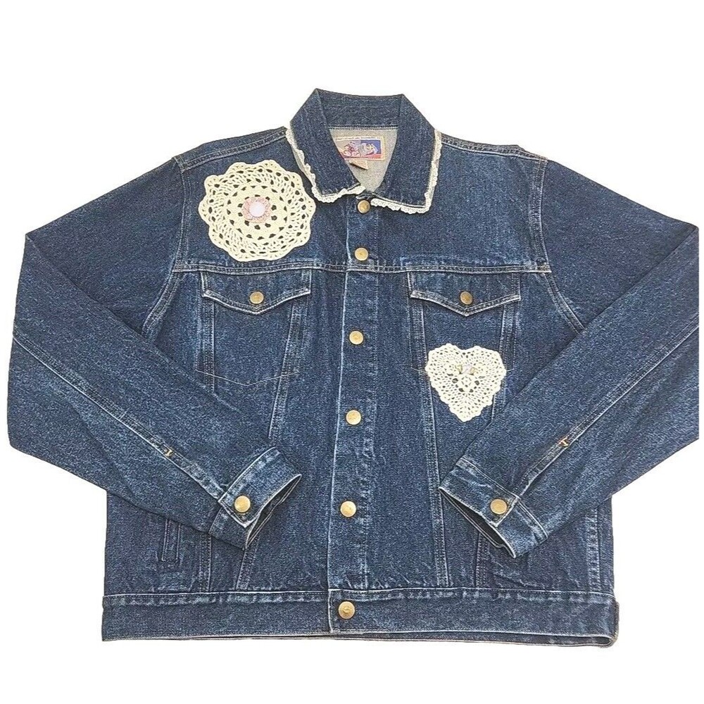 Vintage Denim Jacket Diamond Double U Women Sz Large Blue Jean Lace Heart Boho